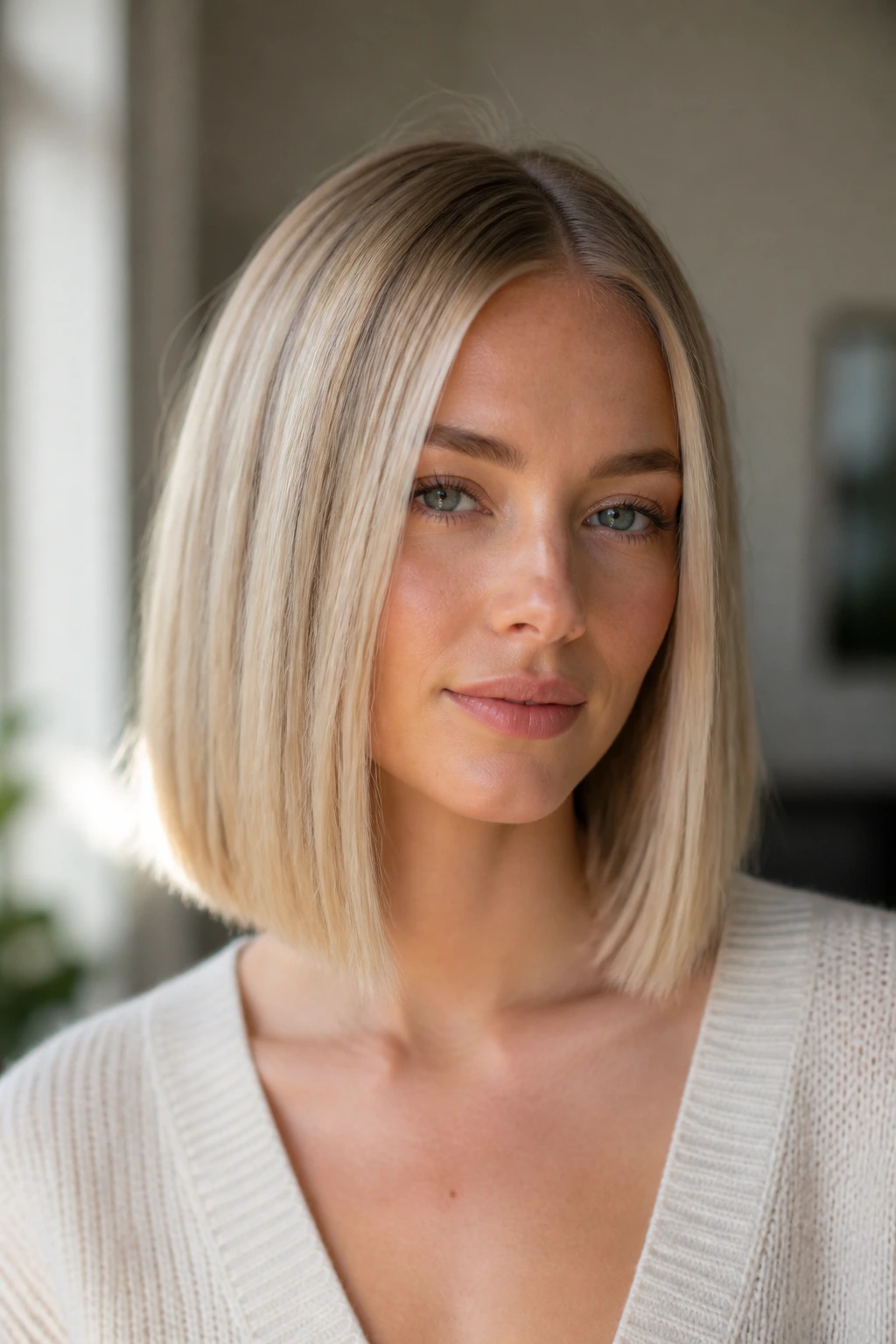 Real woman with champagne-blonde blunt lob and center part in a warm home setting