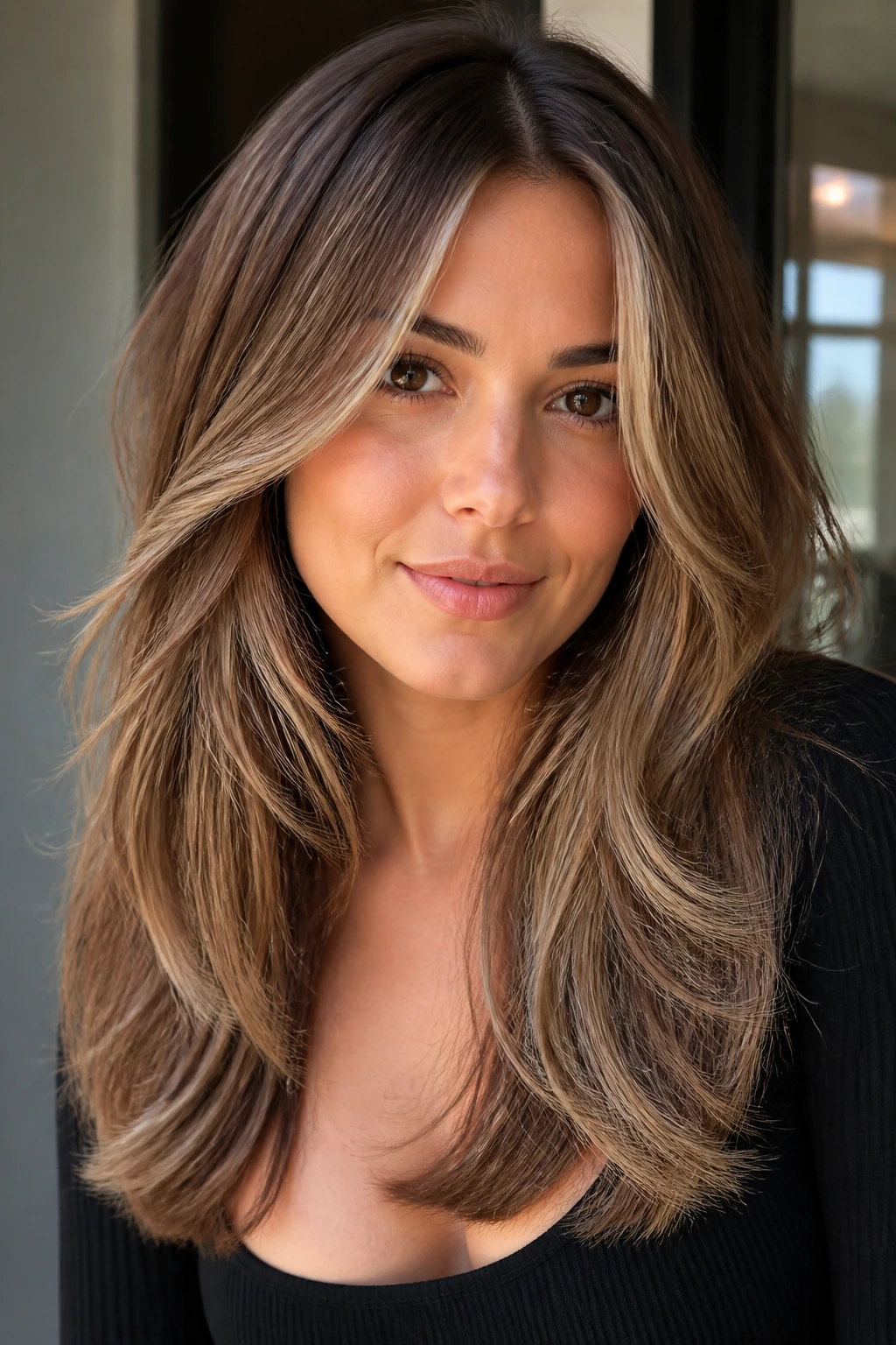 Champagne bronde with feathered curtain pieces on brunette