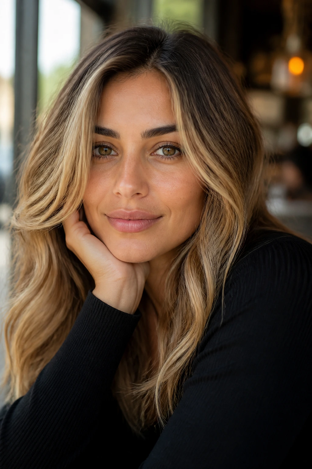 Portrait of a real person with champagne bronde hair in natural light