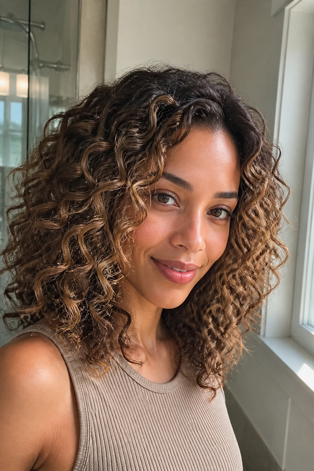 Close-up of brunette curls with champagne brown balayage in soft window light