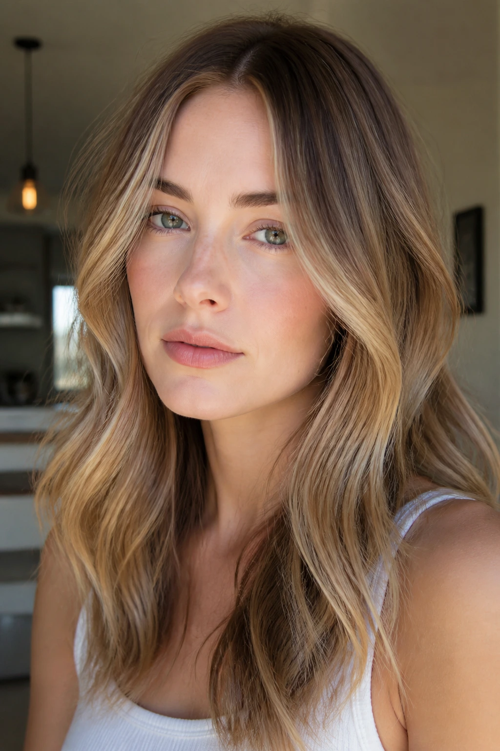 Close-up of a pale-skinned woman with champagne brown balayage and fine champagne ribbons