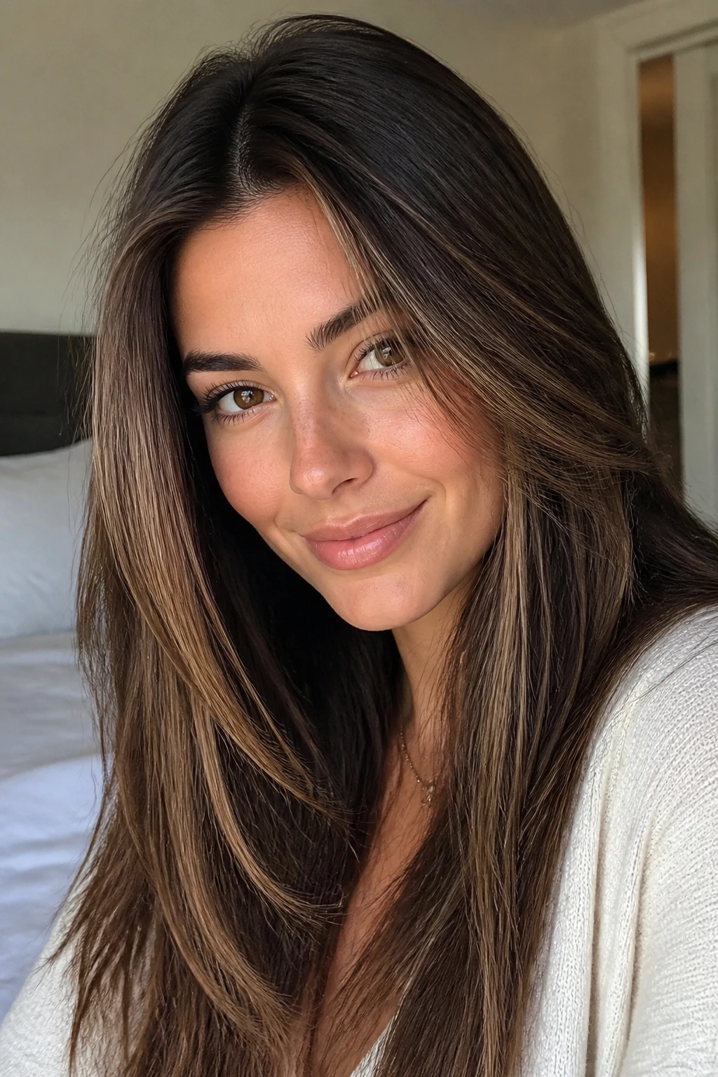 Close-up of a real woman with champagne brown highlights framing the front on an oval face