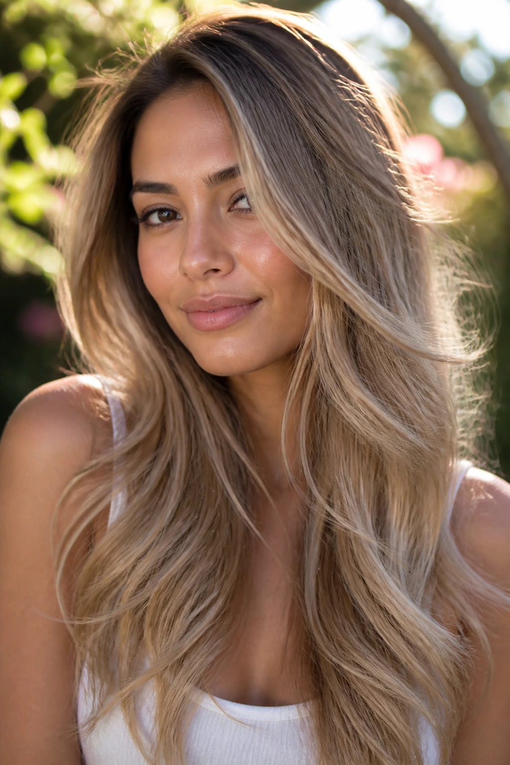 Close-up of a real woman with olive skin and long layered hair with champagne butter balayage