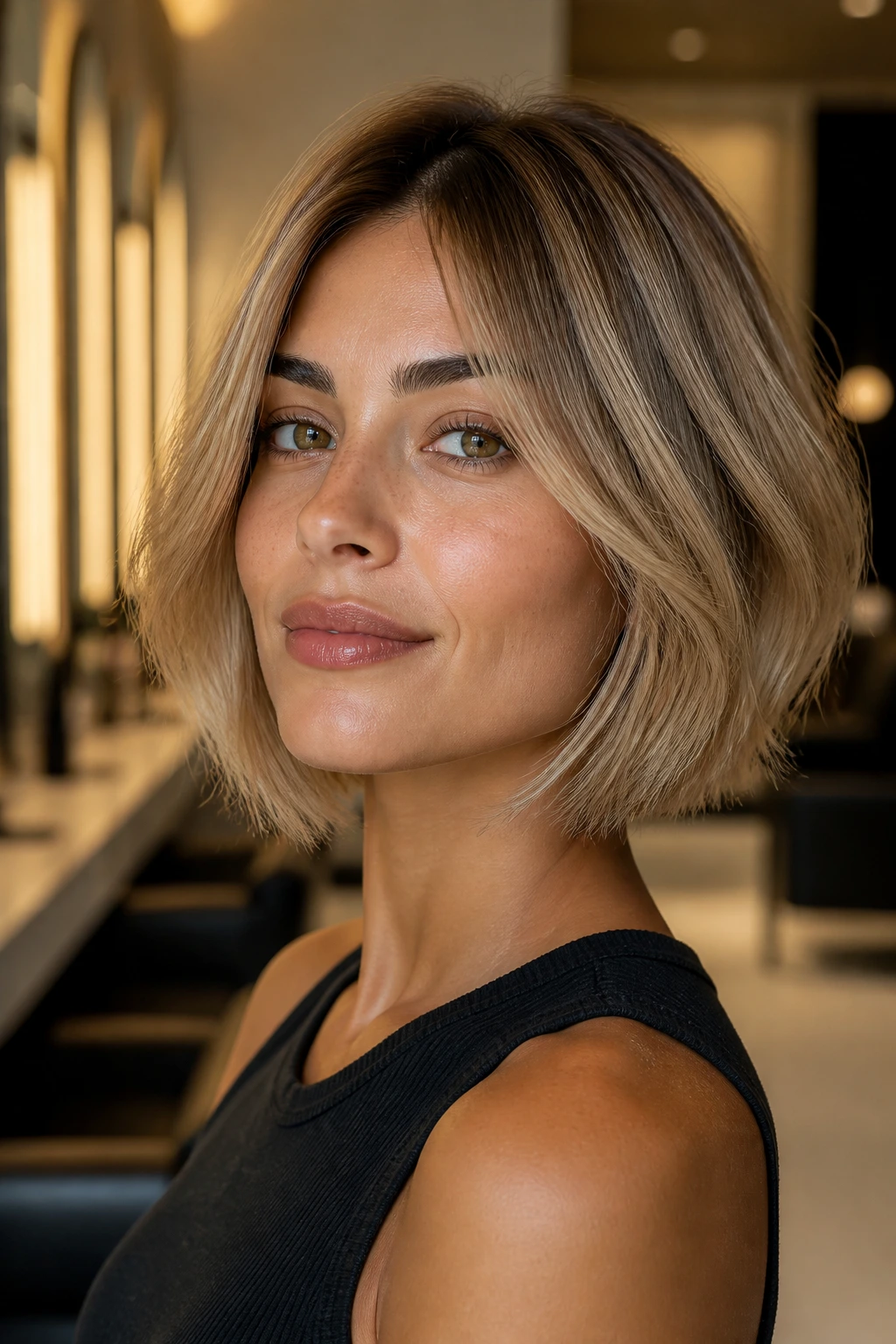 Close-up portrait of a real person with a champagne caramel bob in beige-gold tones.