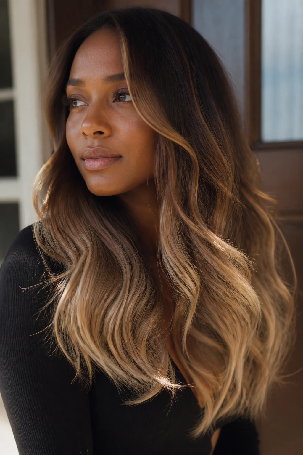 Portrait of a woman showing champagne caramel ends on long wavy hair