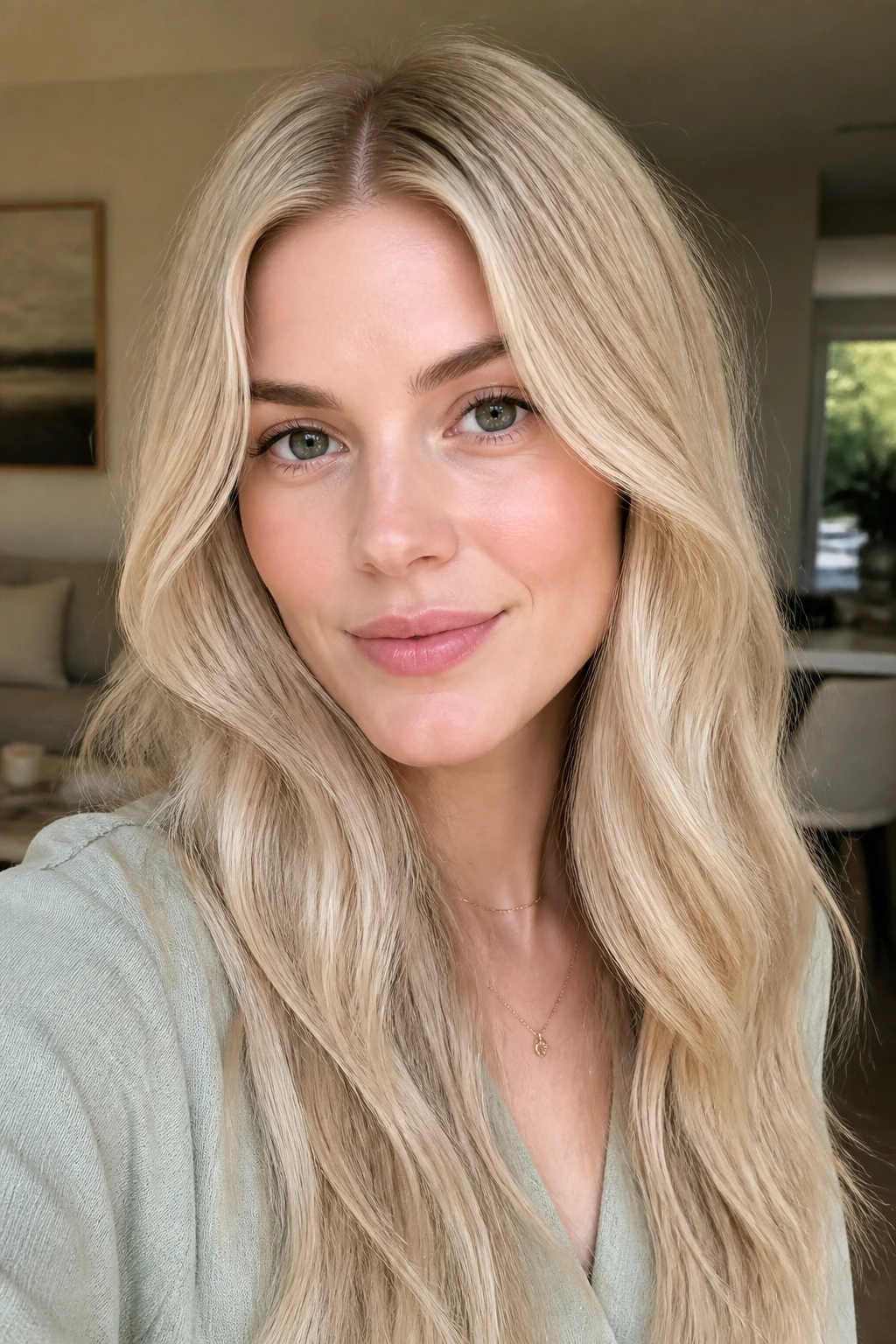 Portrait of a woman with champagne blonde center-part waves and fair skin in warm natural light