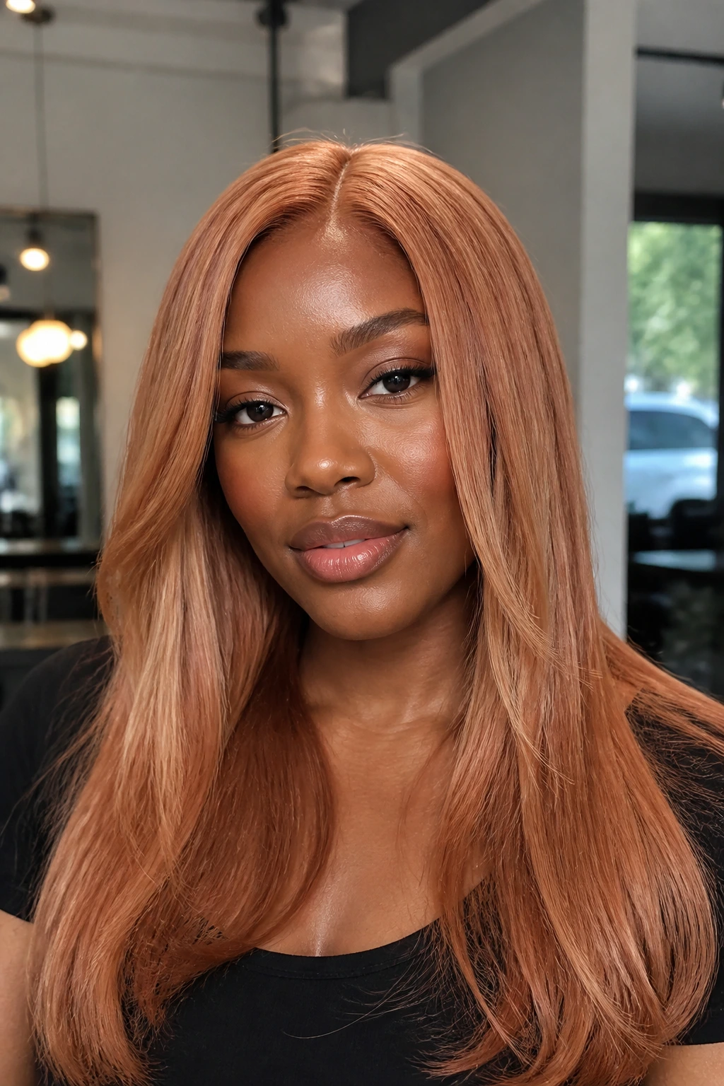 Close-up of a real woman with champagne copper blend hair in a softly lit salon