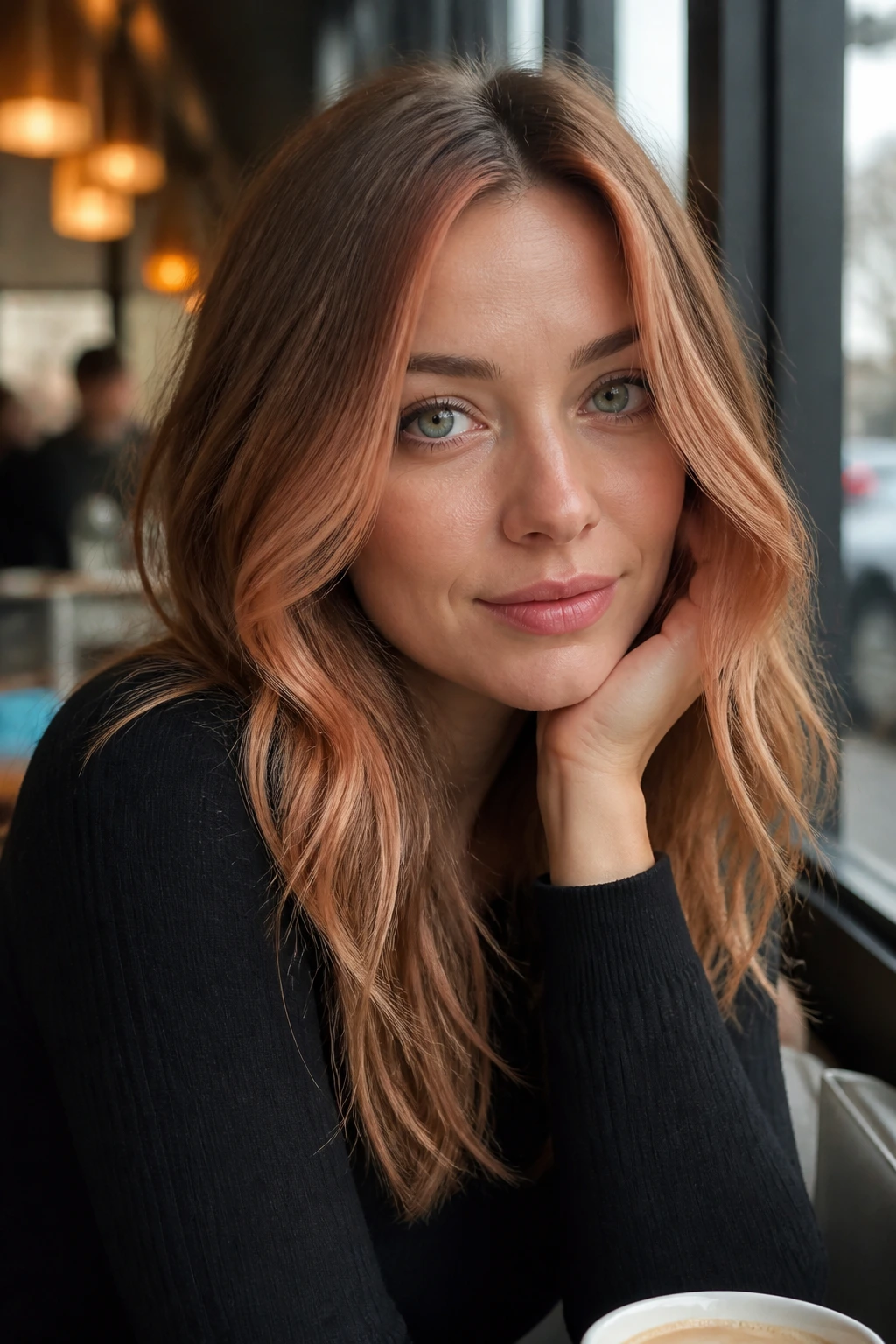 Portrait of a real woman with champagne copper face frame lighting her face