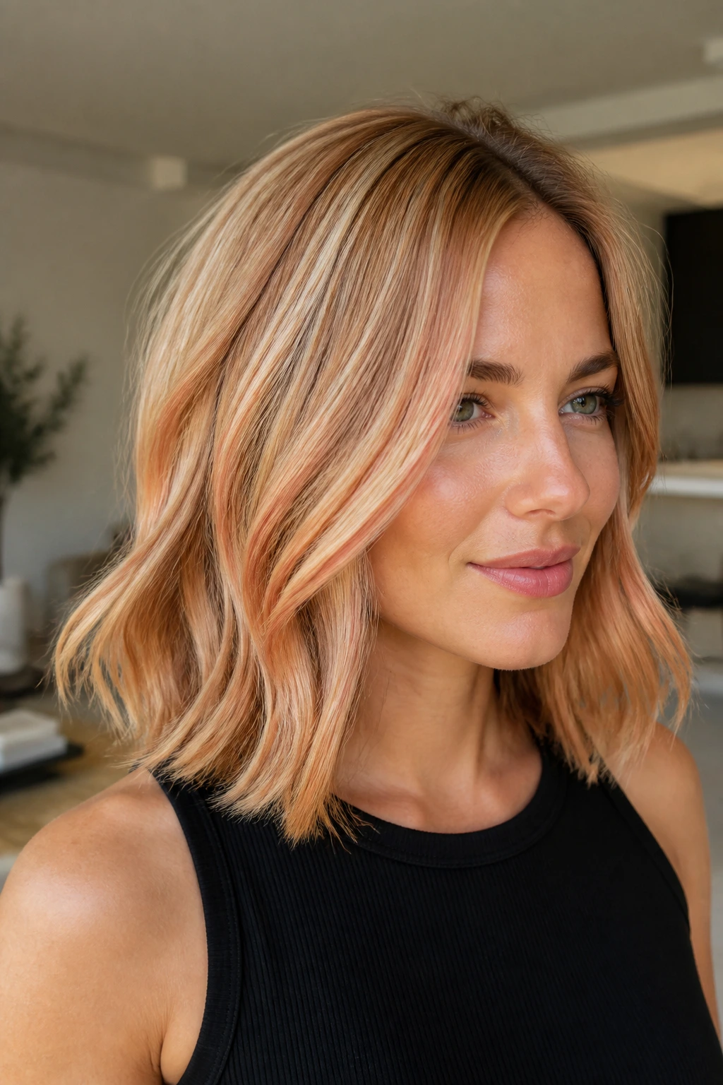 Close-up of a real woman with champagne copper ribbon lob hair