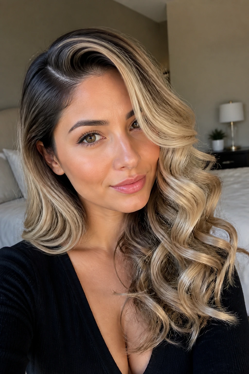 Close-up of a real woman with champagne blonde curls along a deep side part
