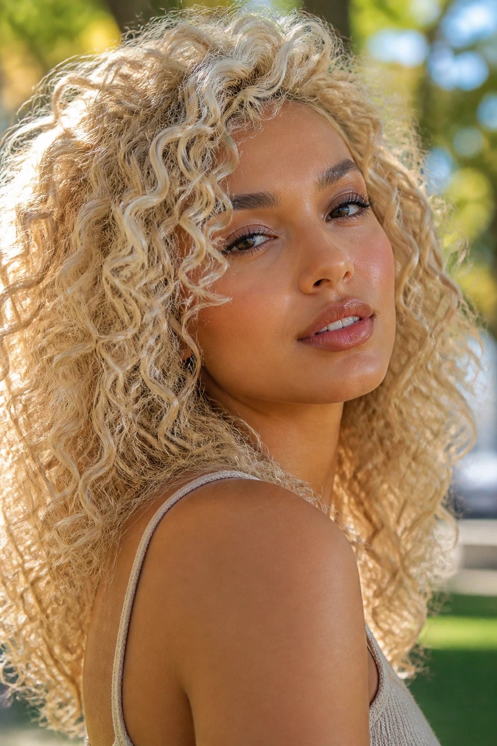 Close-up of woman with champagne blonde curls and high-shine glaze