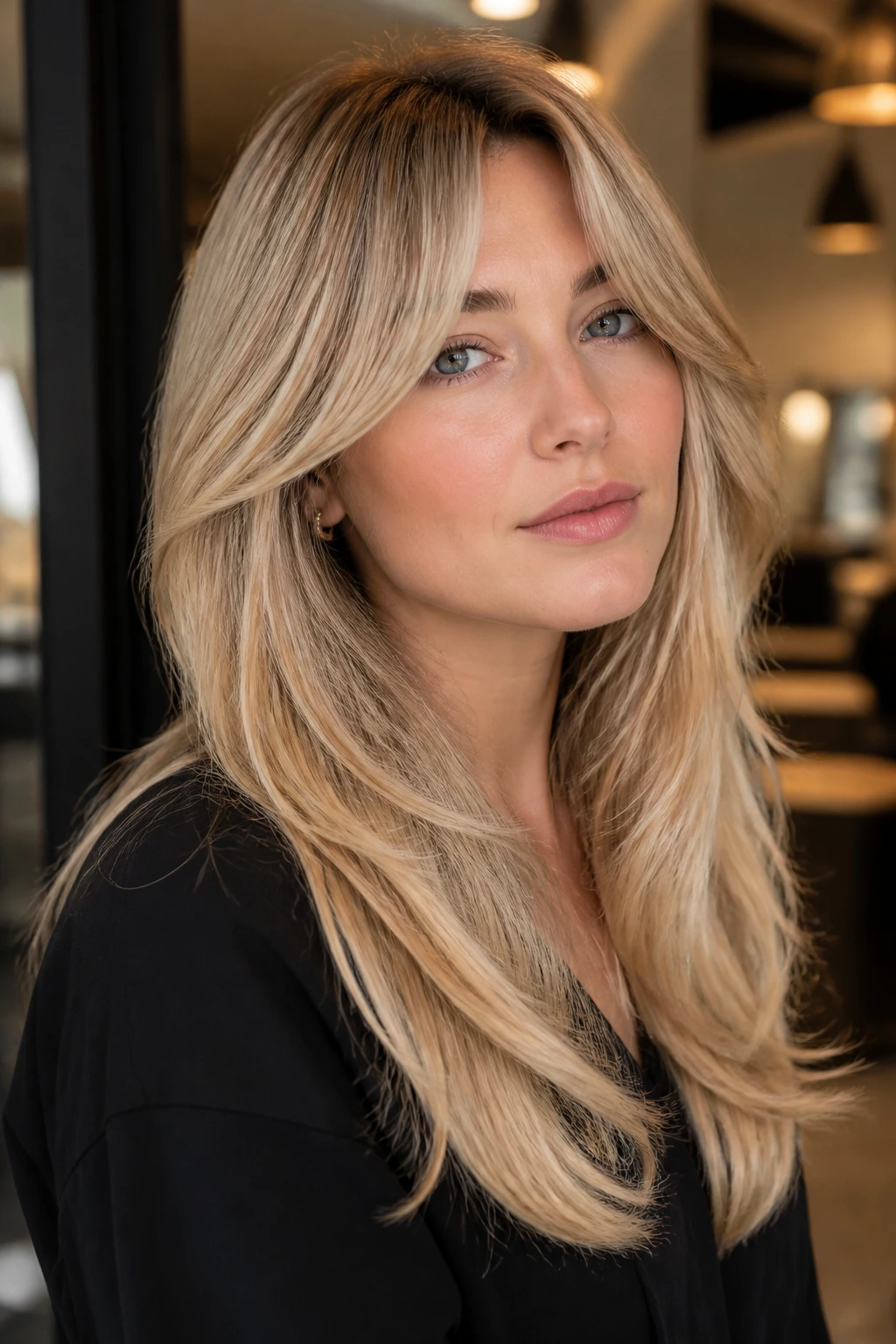 Portrait of a woman with champagne blonde curtain bangs and long layers.