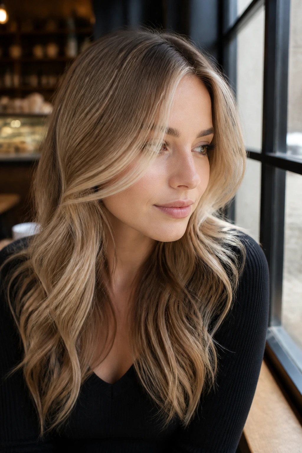 Portrait of a real woman with champagne dark blonde hair and face-framing pieces in soft daylight.