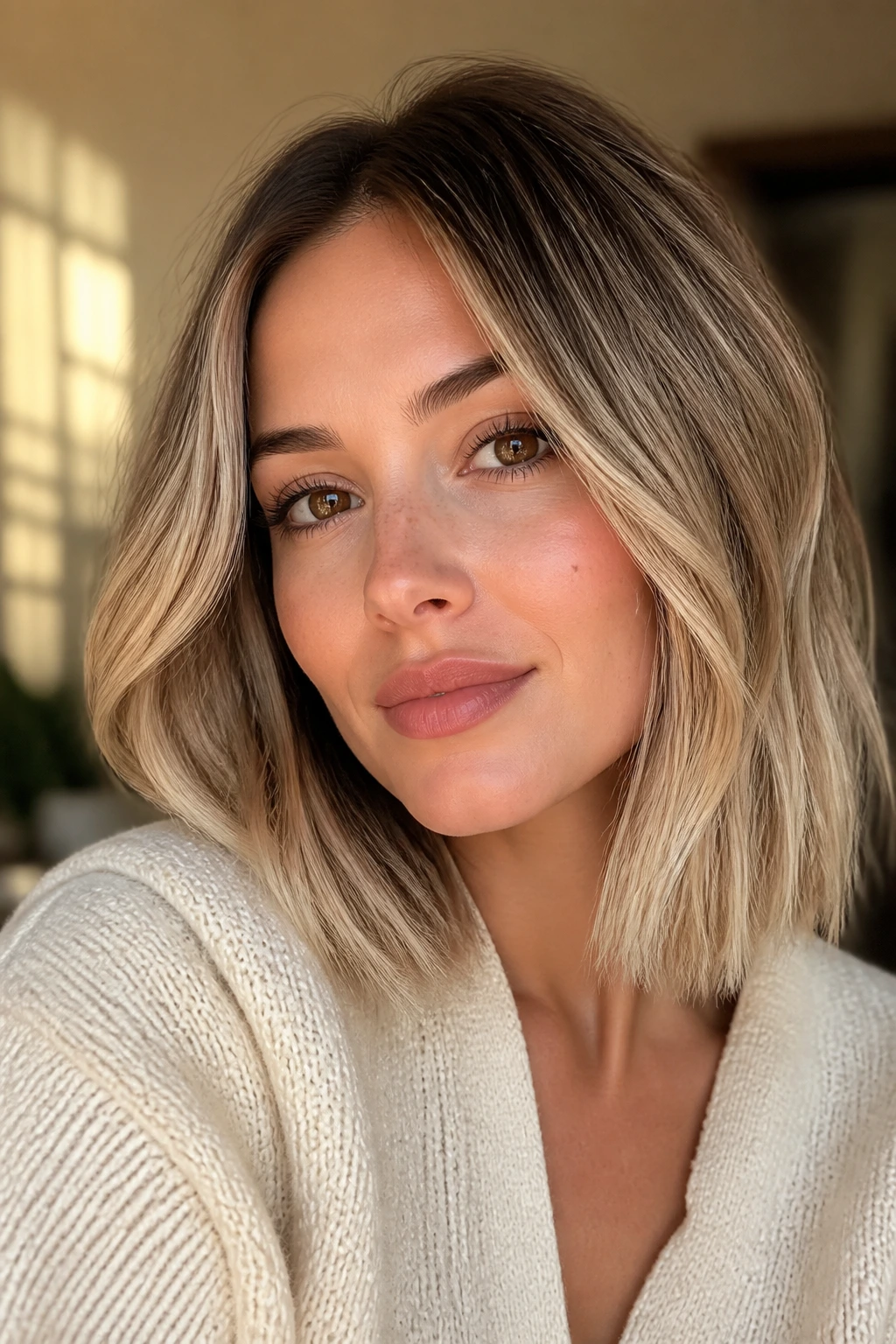 Close-up portrait of a person with a champagne ends blunt lob and brown eyes