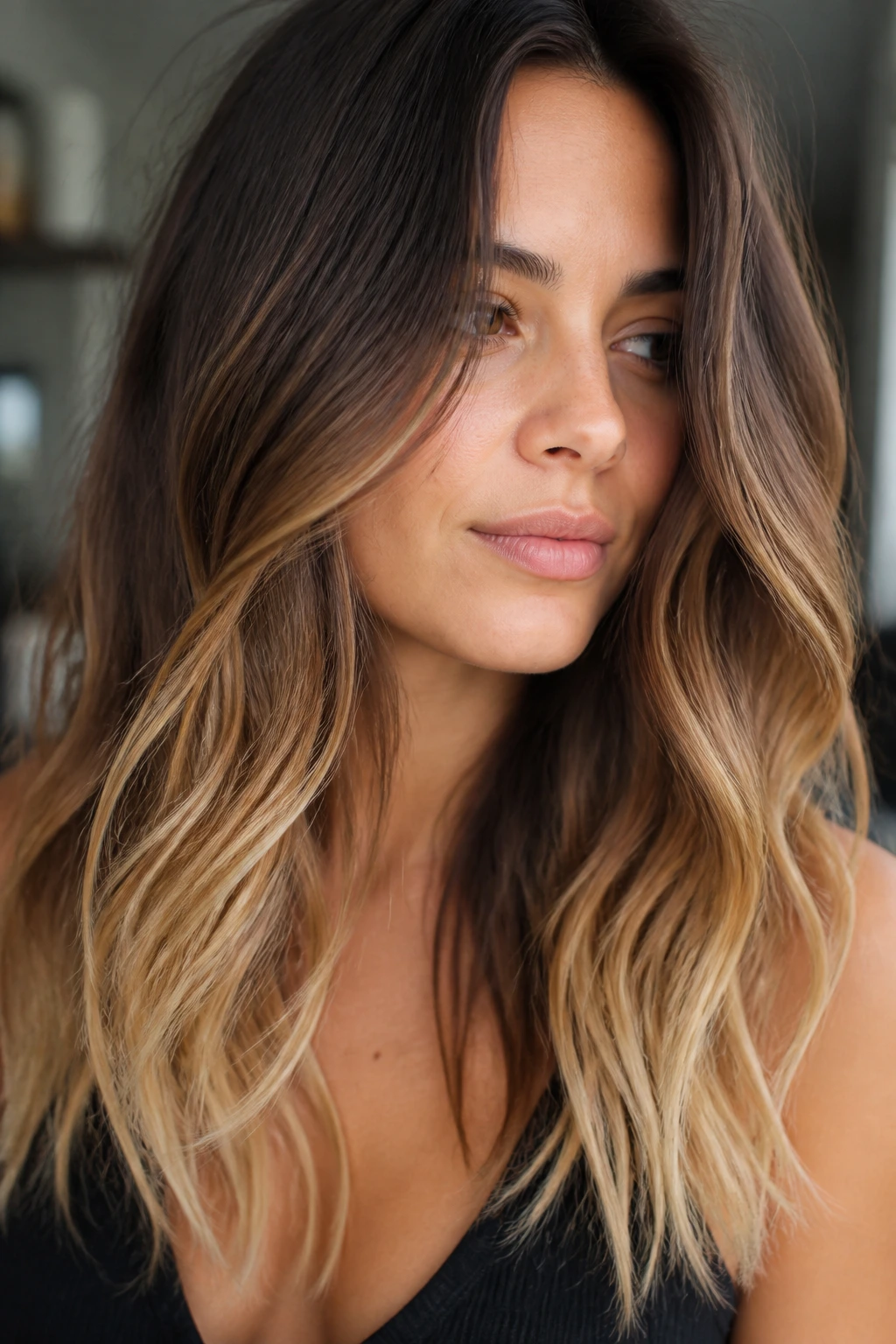 Brunette with champagne gold ends at the tips