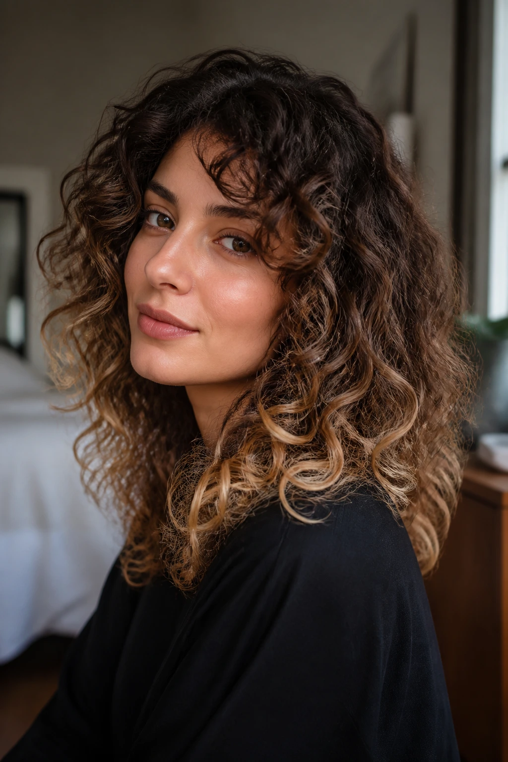 Close-up of layered curls with champagne ends on a real person