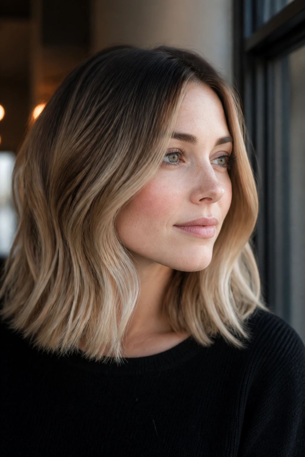 Shoulder-length lob with champagne ends on pale skin