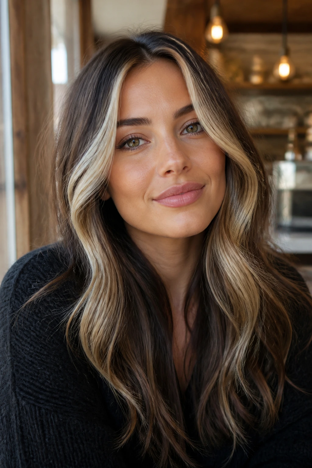 Champagne face-frame highlights around face with brunette base
