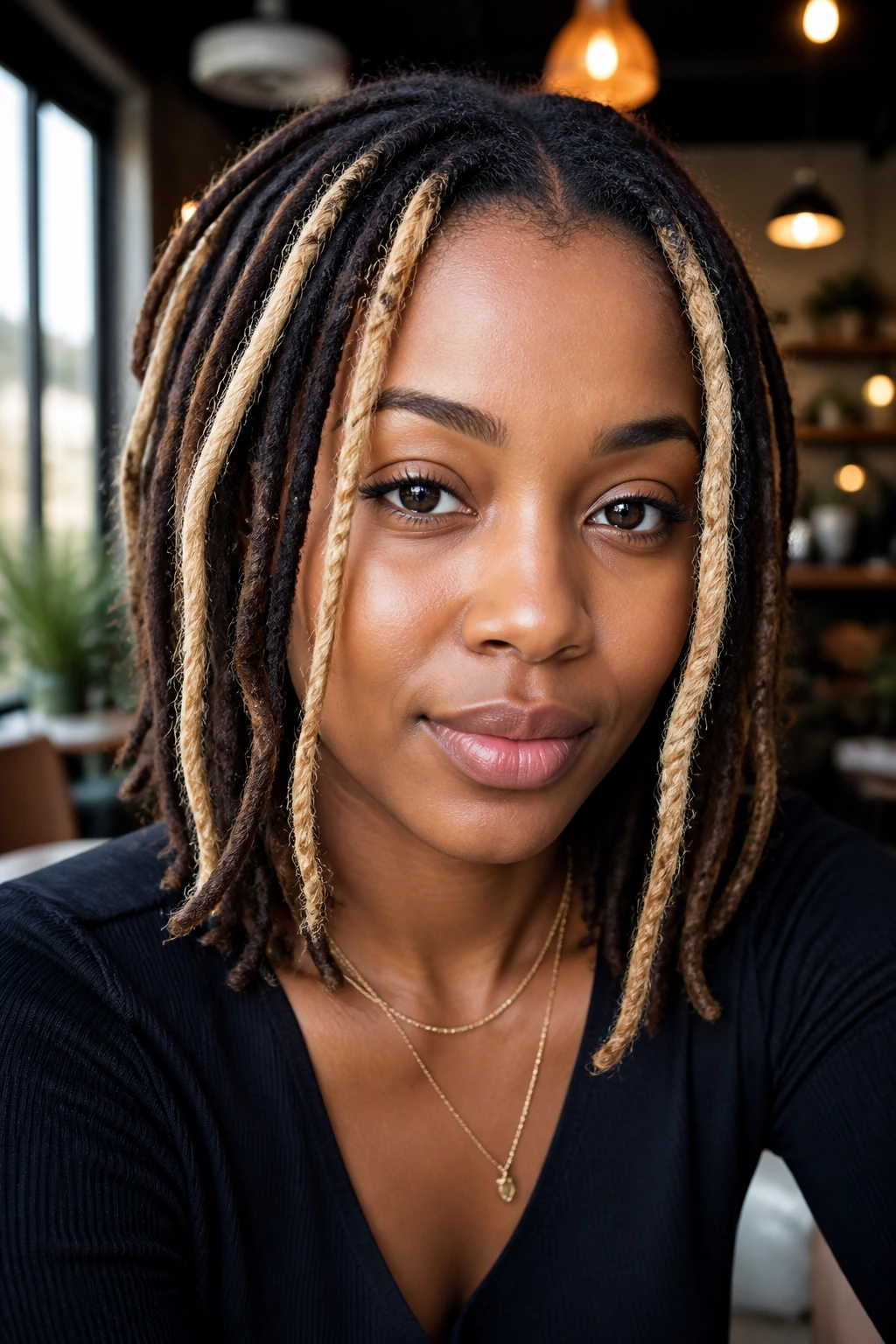 Close-up portrait of a real Black woman with champagne face-framing locs