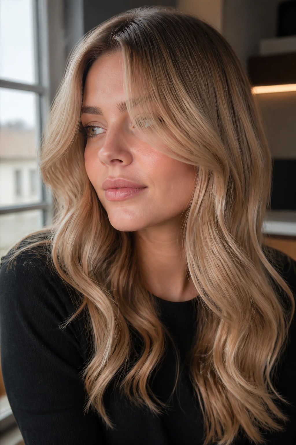 Portrait of a person with champagne-beige gold hair showing variations in warmth.