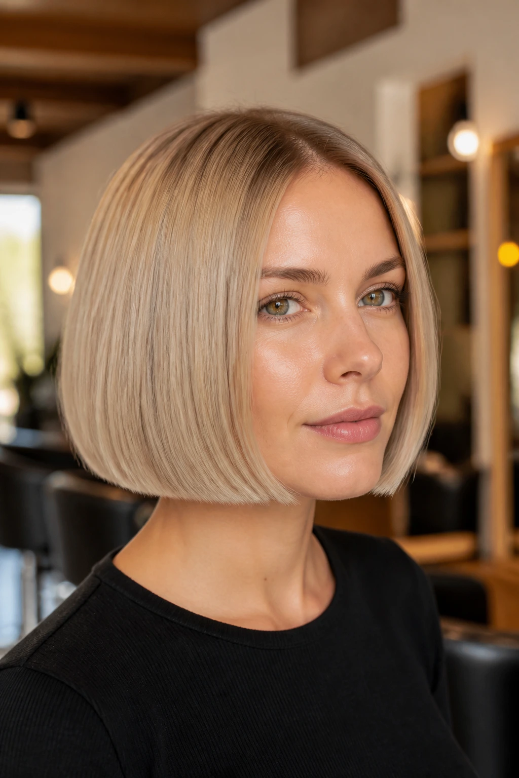 Real woman with champagne gold bob hairstyle in a modern salon