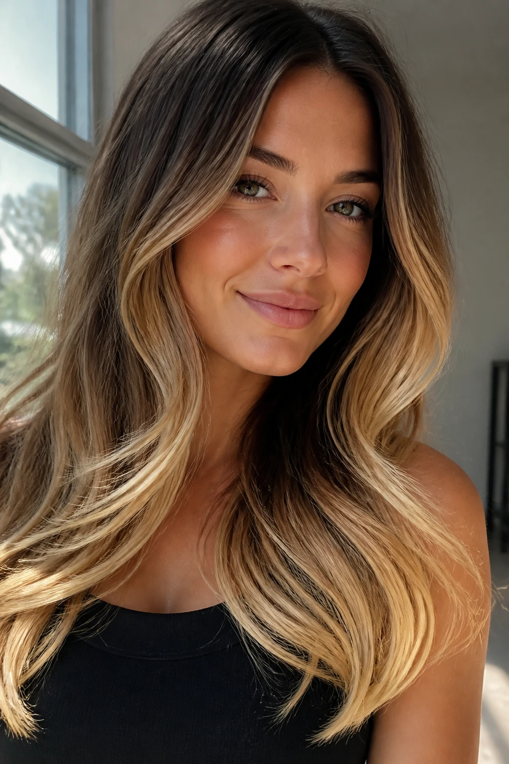 Close-up of a real woman's hair showing champagne-gold ends with soft waves in warm daylight