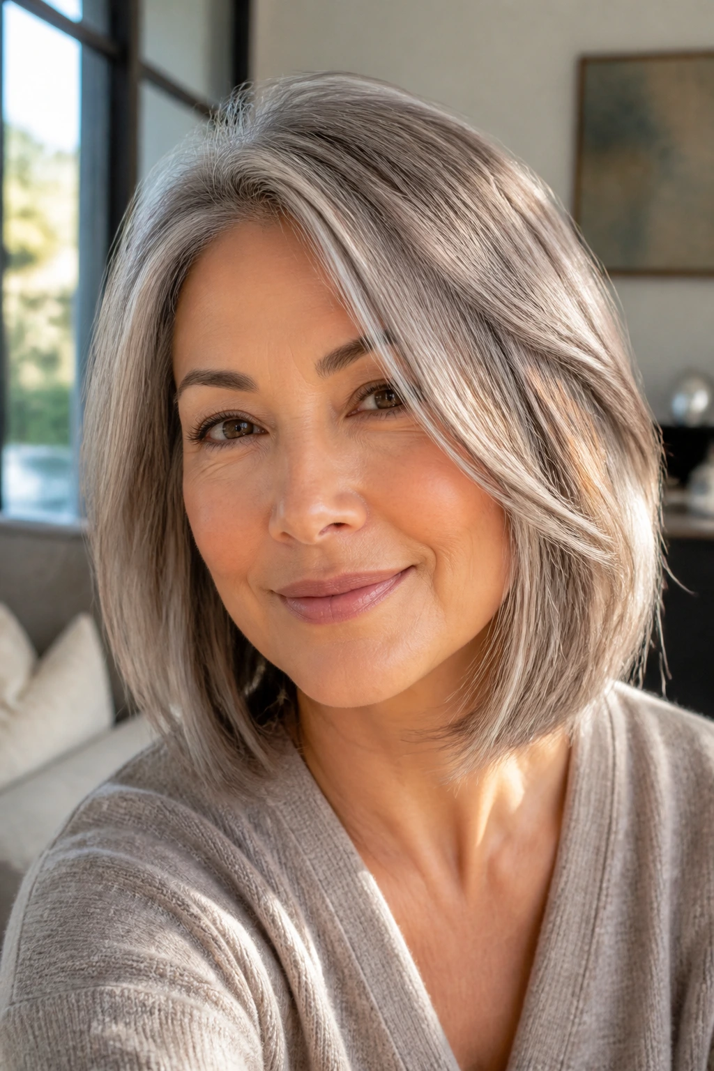 Close-up portrait of a person with champagne grey lob in warm window light