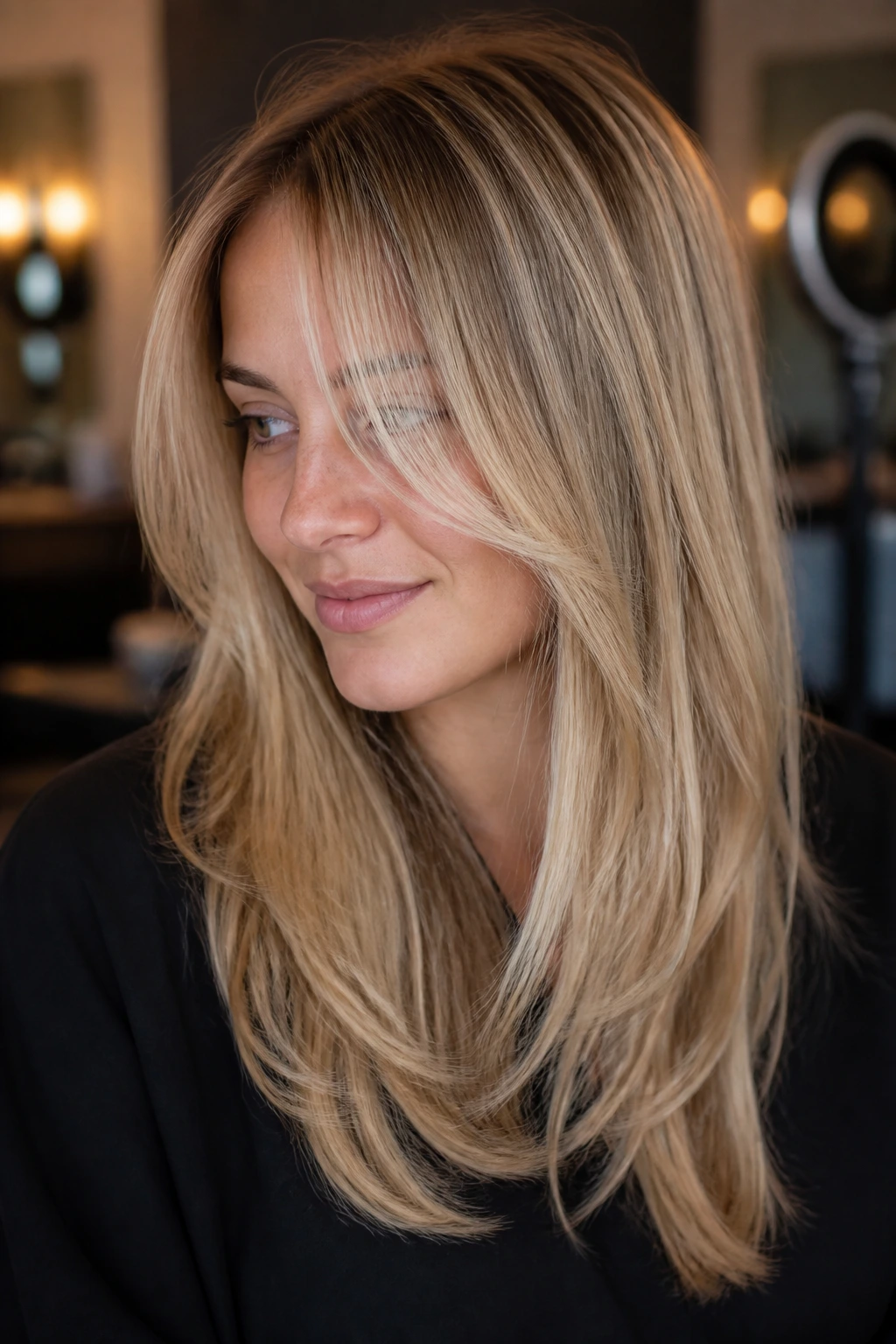 Portrait of a woman with champagne ribbon highlights and a soft bend in her hair in a salon