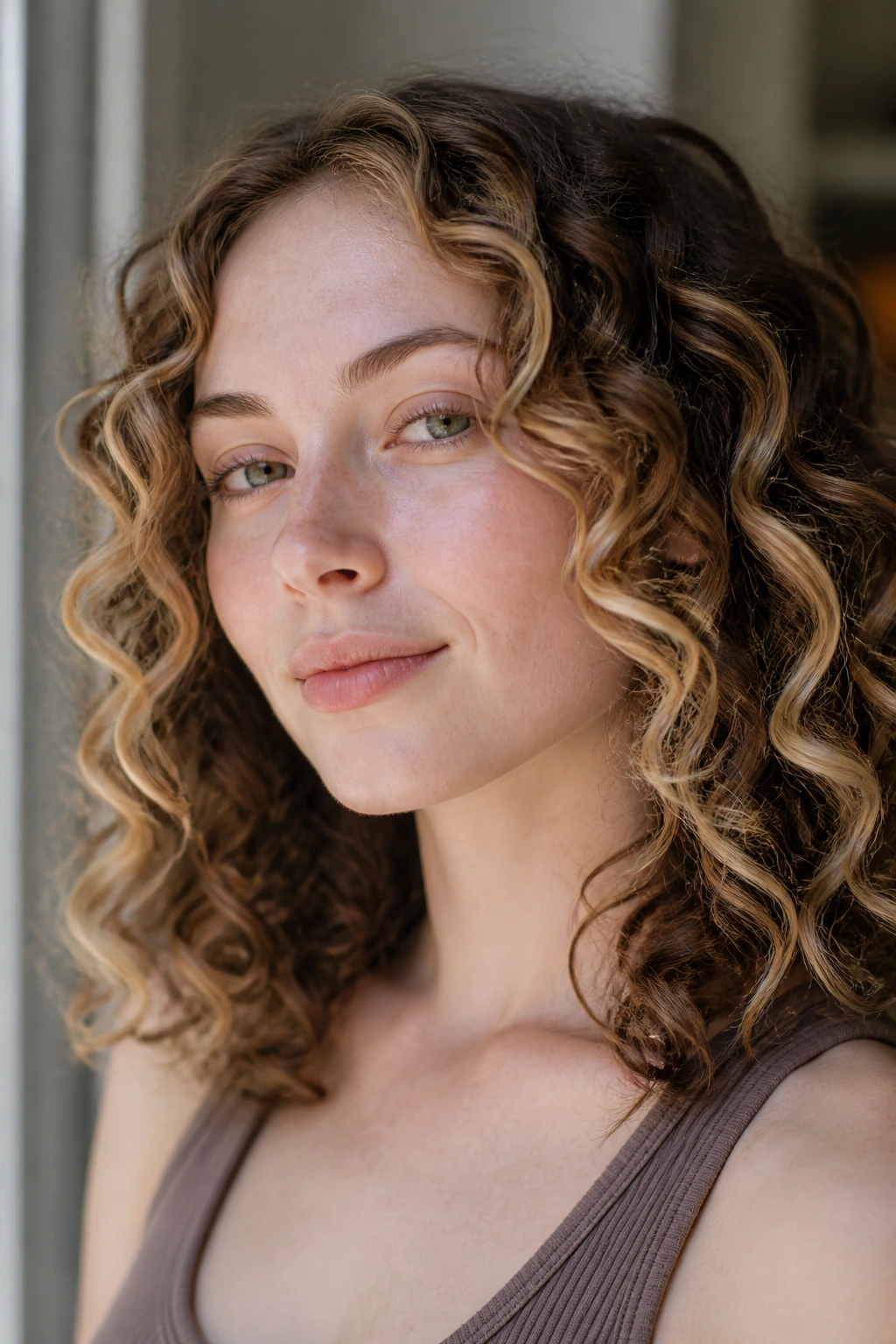 Curly hair with champagne ribbon highlights framing the face