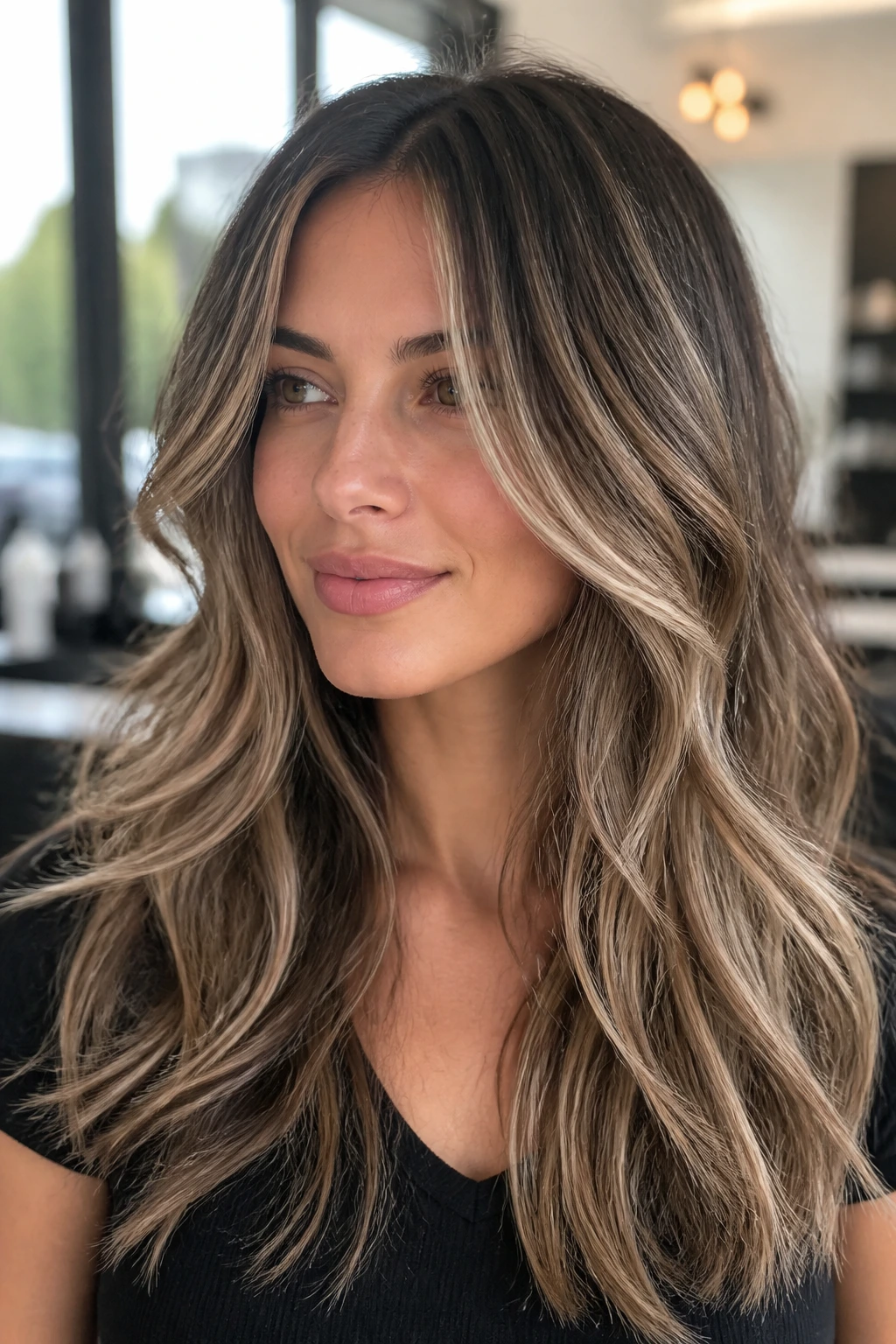 Real woman with champagne highlights and long layered hair.