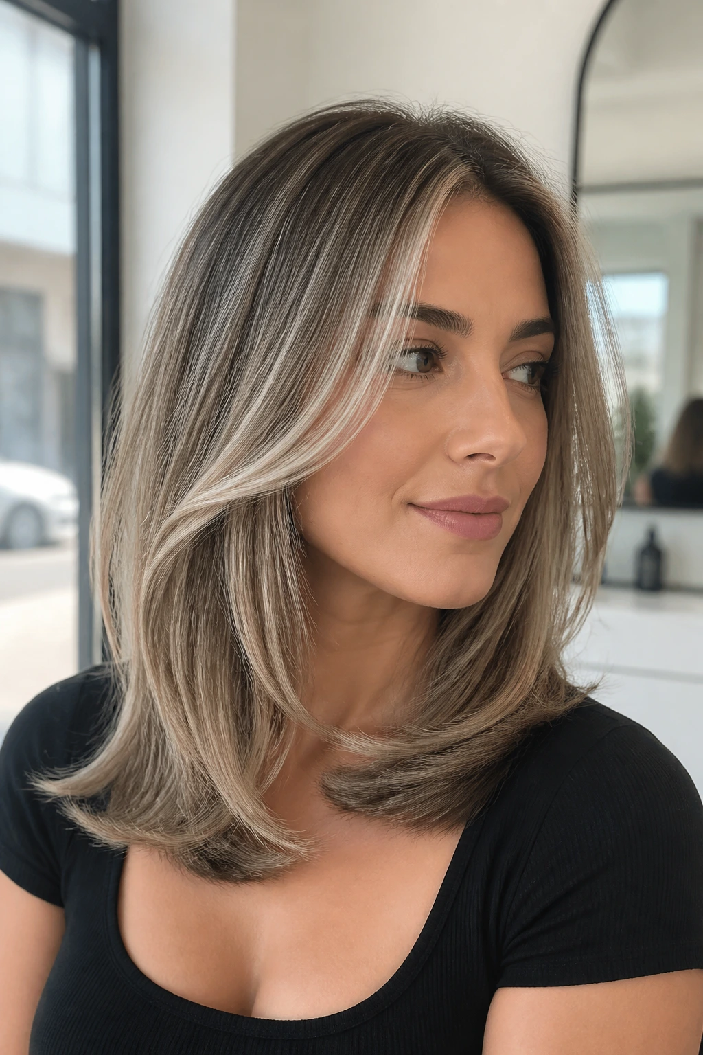 Portrait of a real woman with cool champagne highlights on shoulder-length blowout