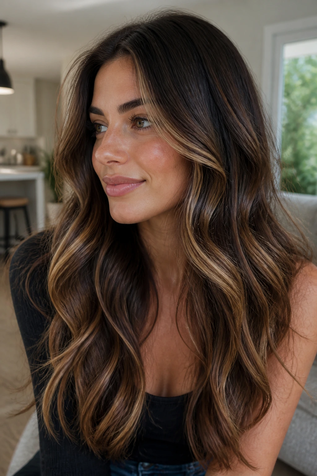 Dark chocolate hair with champagne honey face-framing pieces