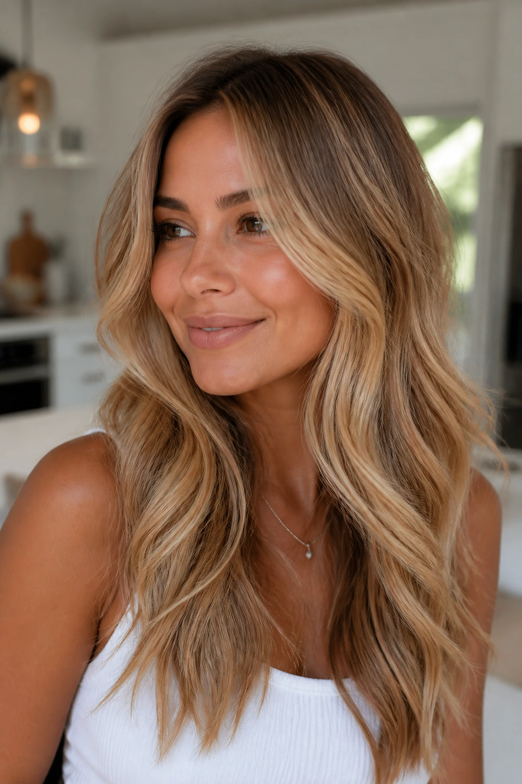 Real woman with warm champagne blonde and honey shadow root