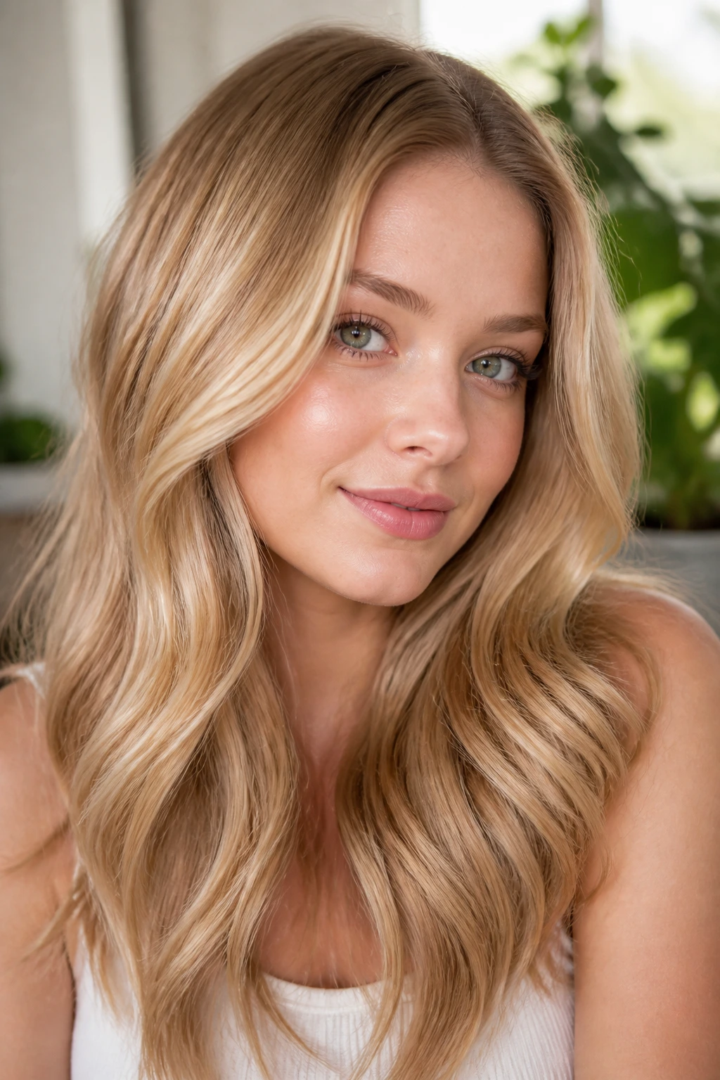 Close-up of champagne honey hair with glossy shine on pale skin