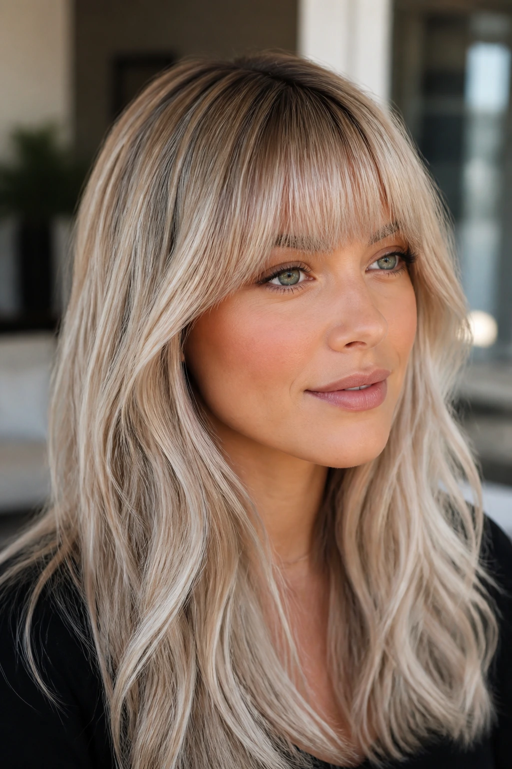 Real woman with arched fringe and champagne-ice highlights in natural light