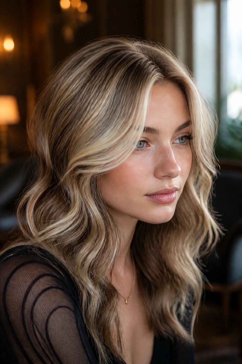 Close-up of a real person with champagne crown highlights in hair