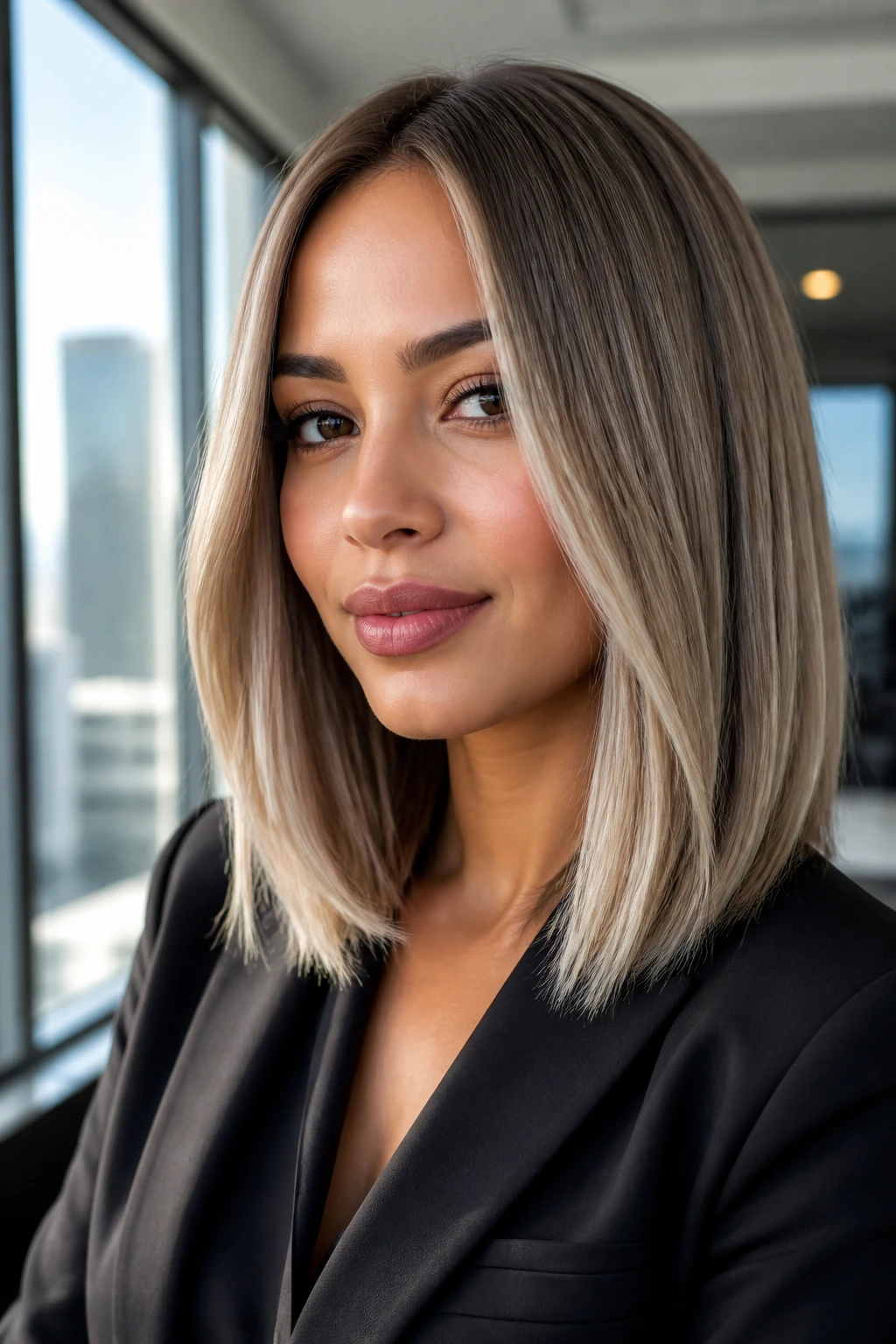 Close-up of a real woman with shoulder-length hair in champagne smoke balayage.