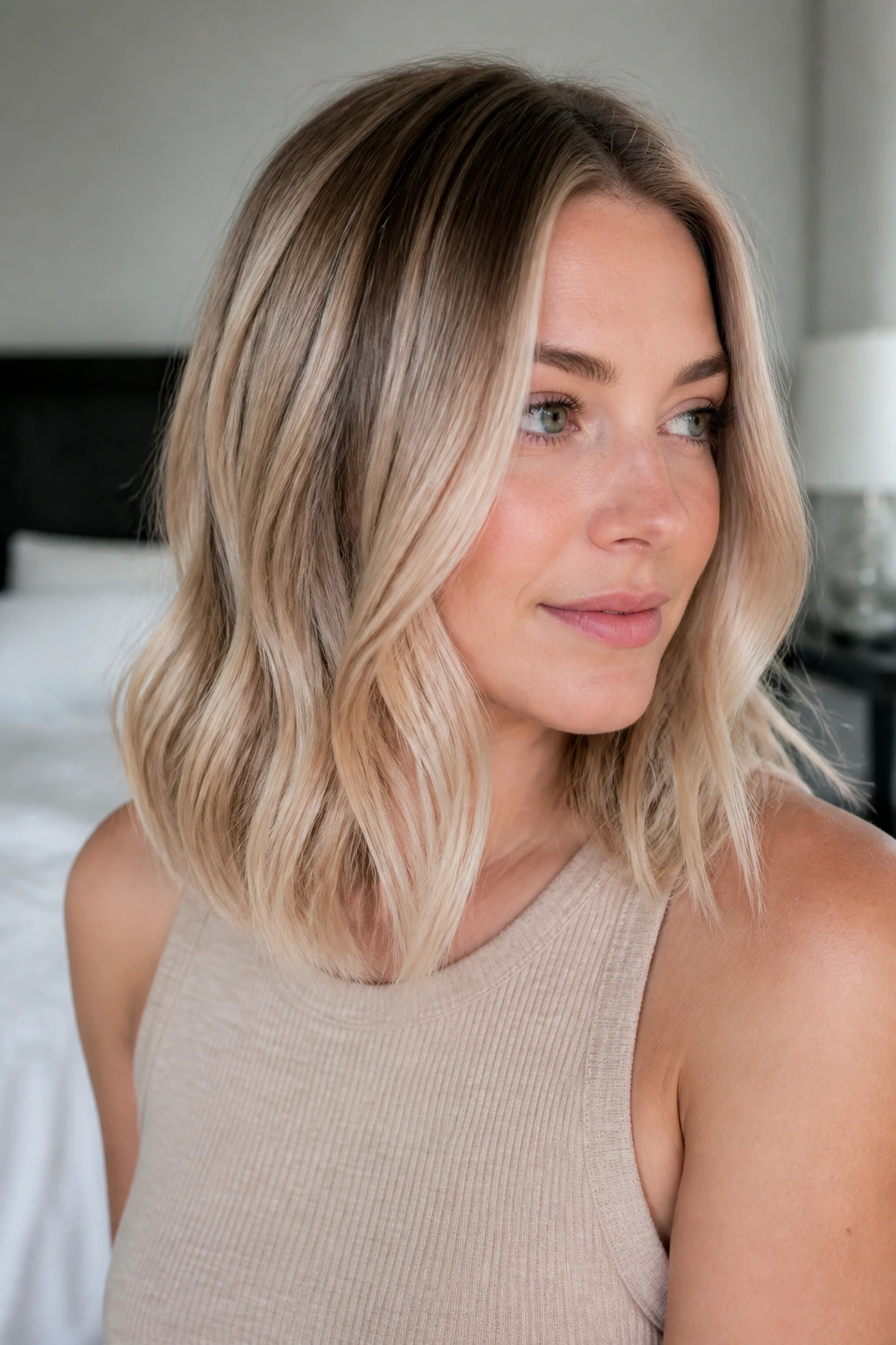 Close-up portrait of a real person with a lived-in champagne lob, darker root and brighter ends.