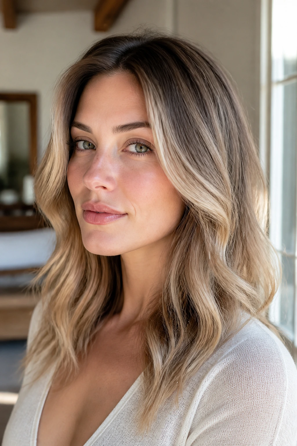 Close-up of a real woman's hair with rooted champagne melt and natural window light