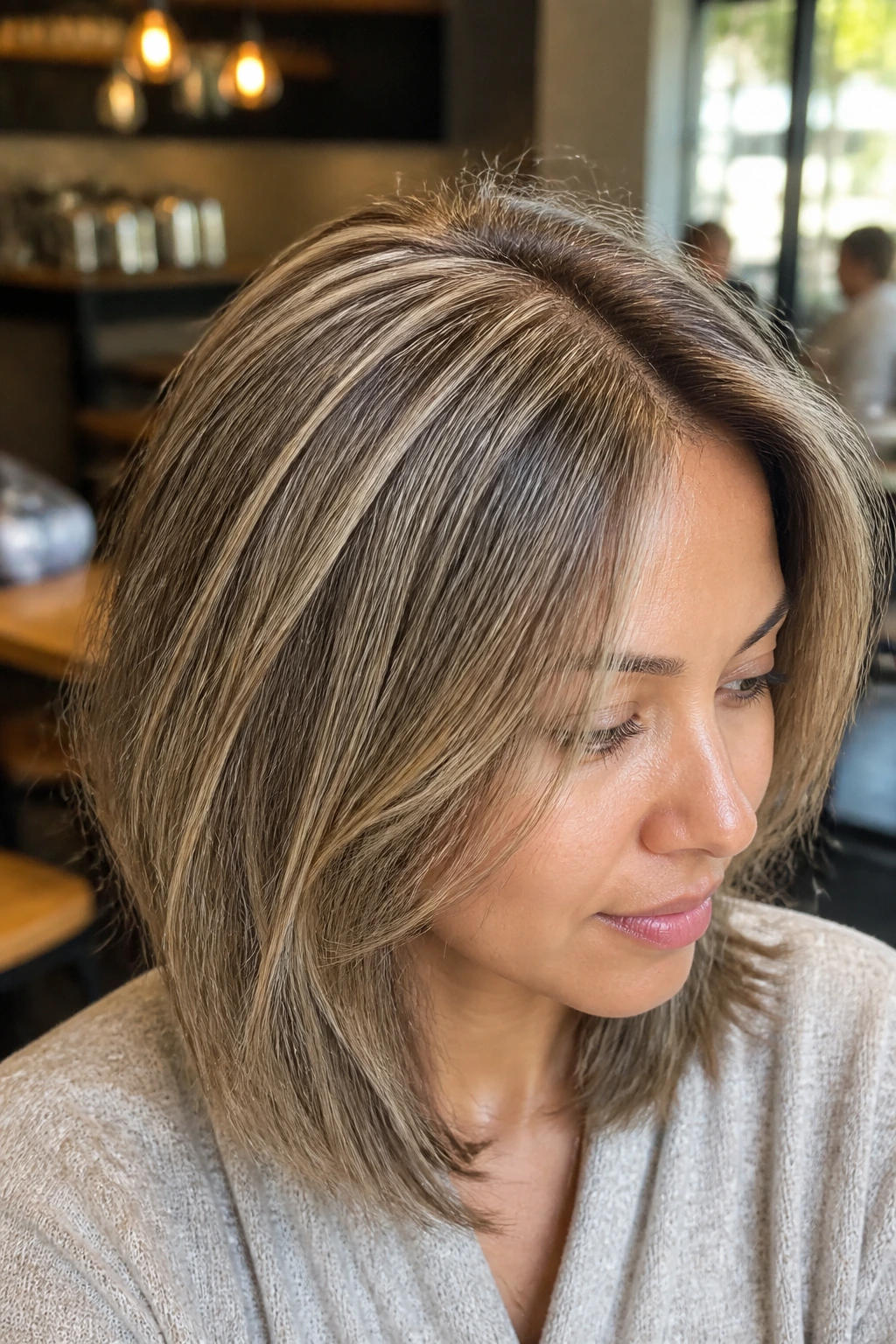 Real woman with champagne beige microlights at the apex on fine hair.