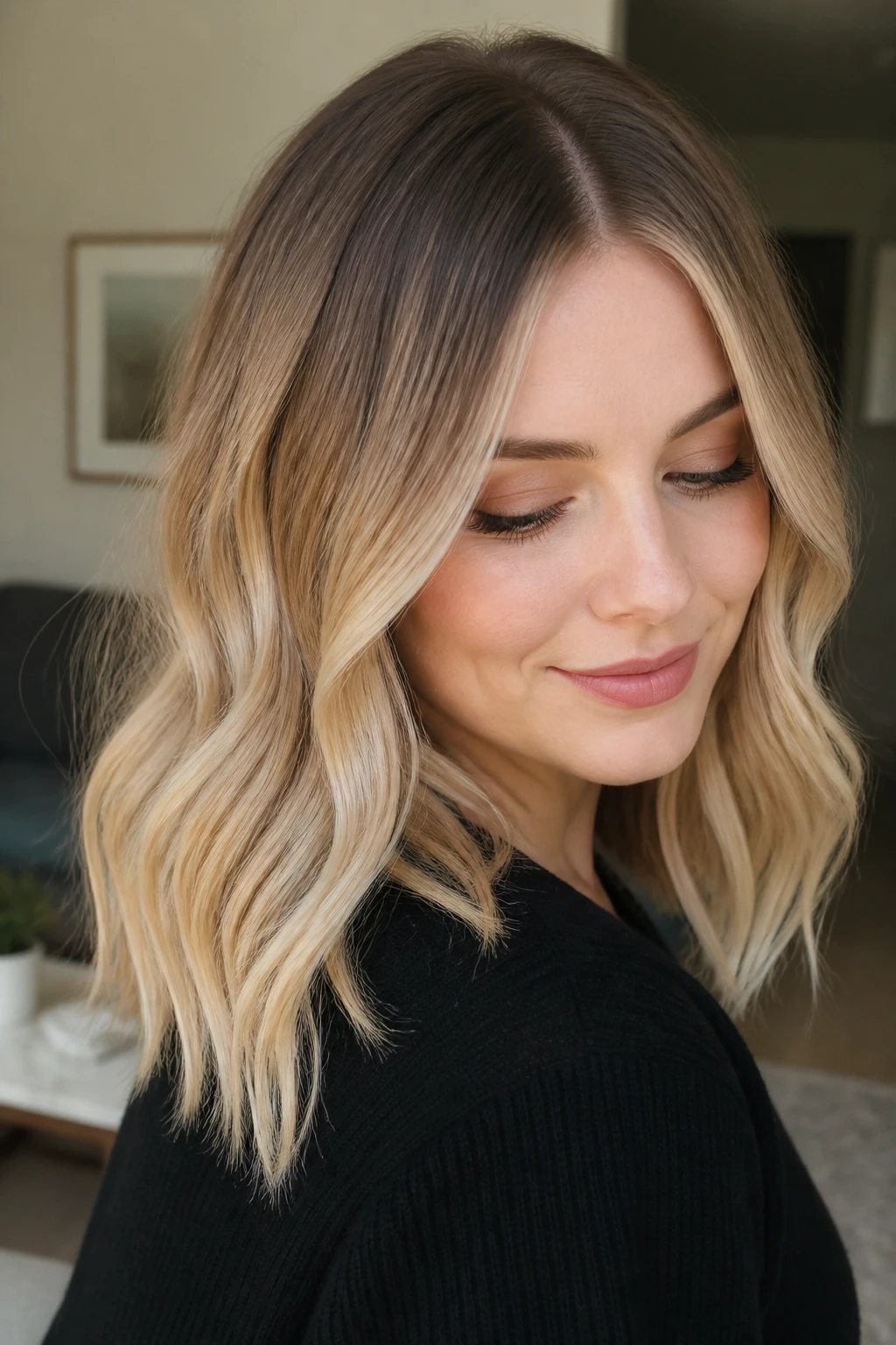 Close-up of real woman with champagne ombre on mid-length hair showing dark root to pale ends
