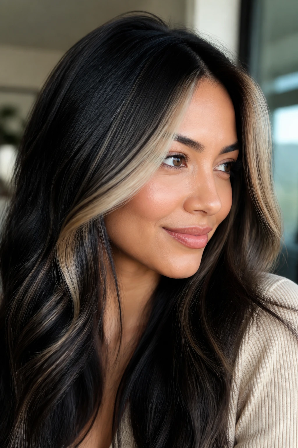 Close-up of champagne blonde panels on thick dark hair