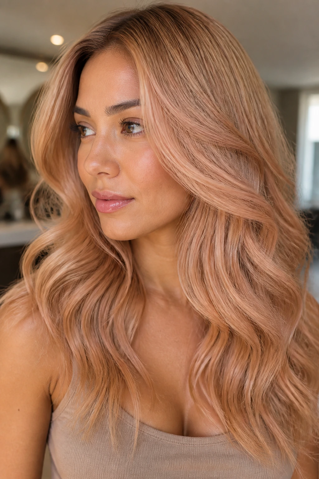 Real woman with champagne peach blonde hair in soft natural light