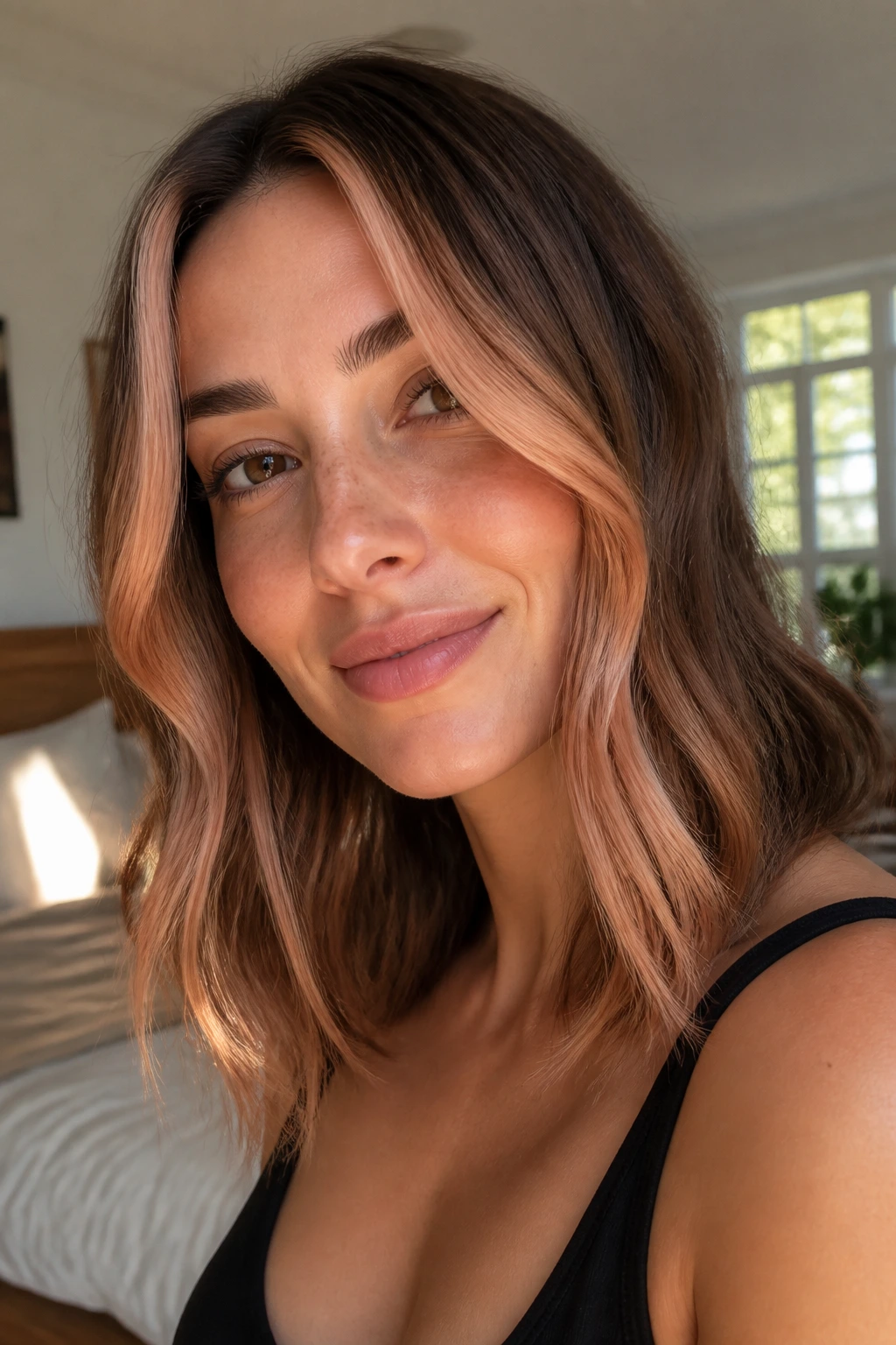 Close-up of brunette with champagne peach face-framing highlights in natural window light