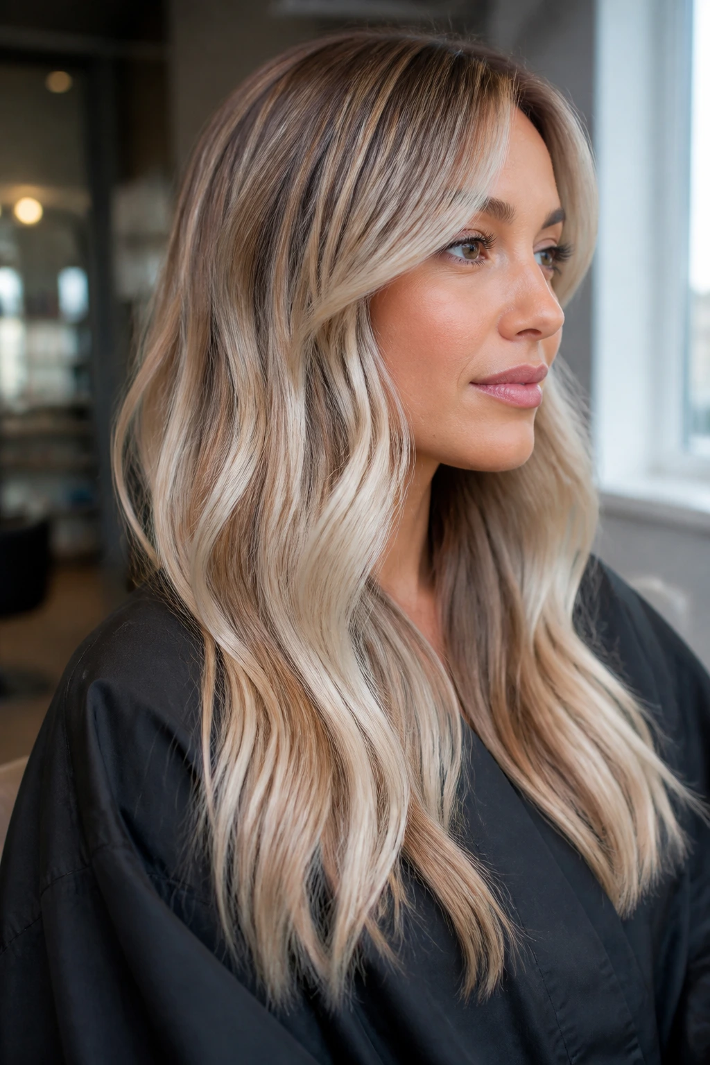 Close-up of hair showing champagne and pearl tones on a warm-tinged complexion