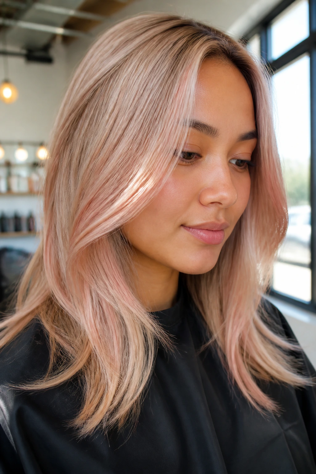 Close-up portrait of a real person with champagne pink gloss lights on blonde hair