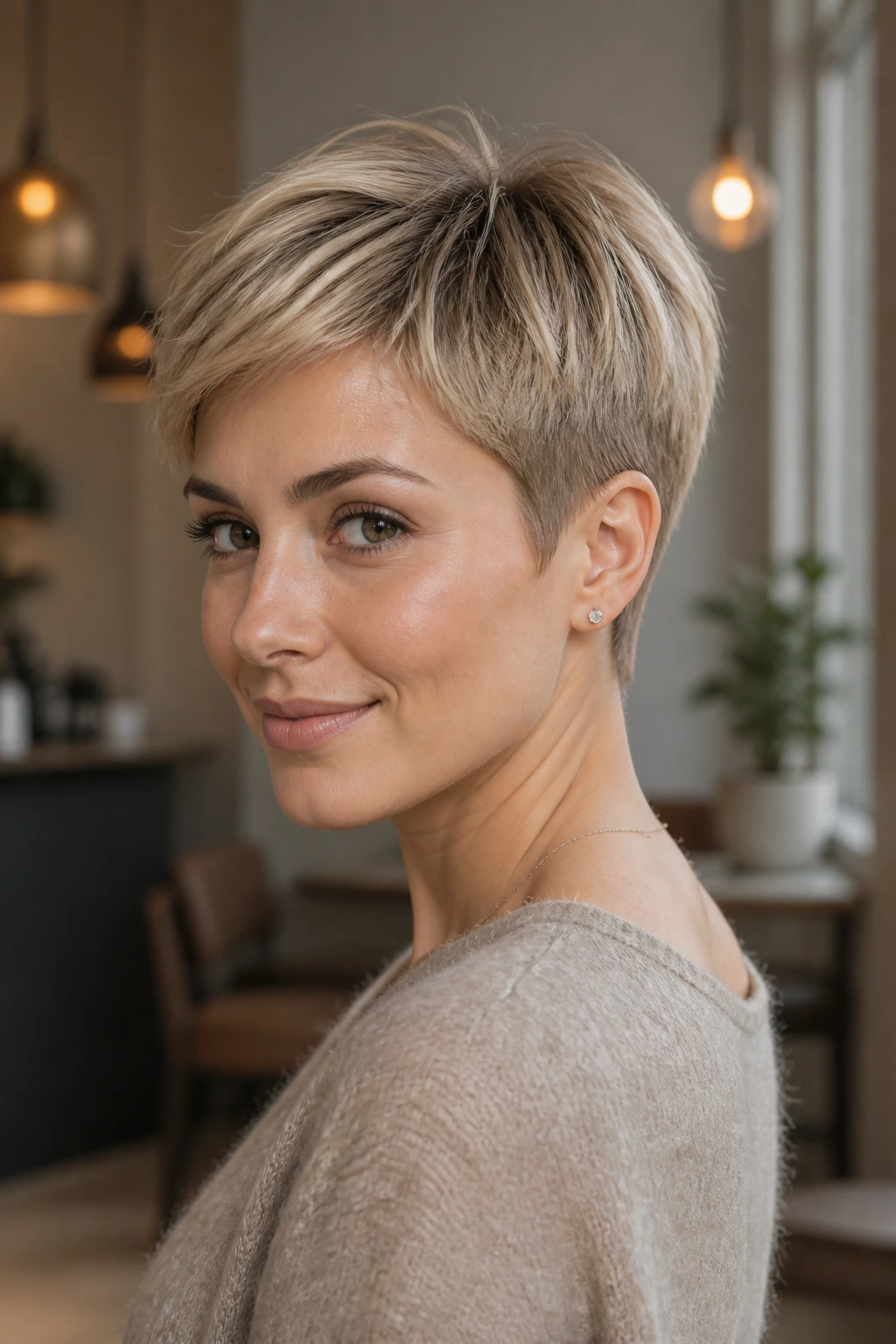 Head-and-shoulders of real person with champagne pixie and tapered neck