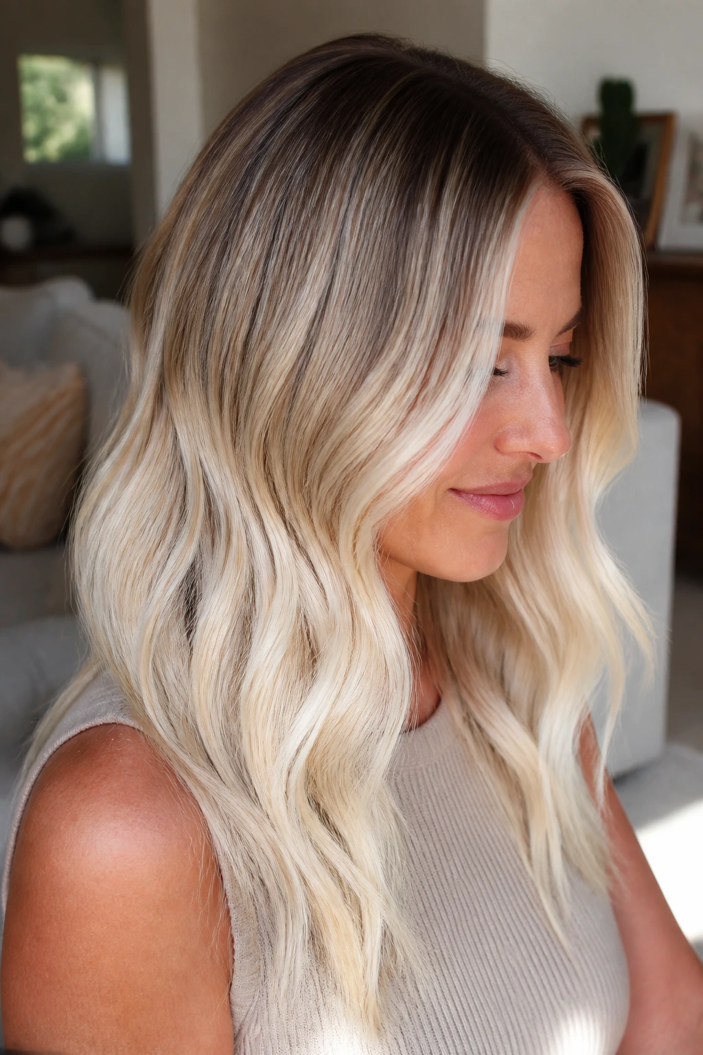 Close-up of champagne-platinum melt with deep roots and light ends on a real person