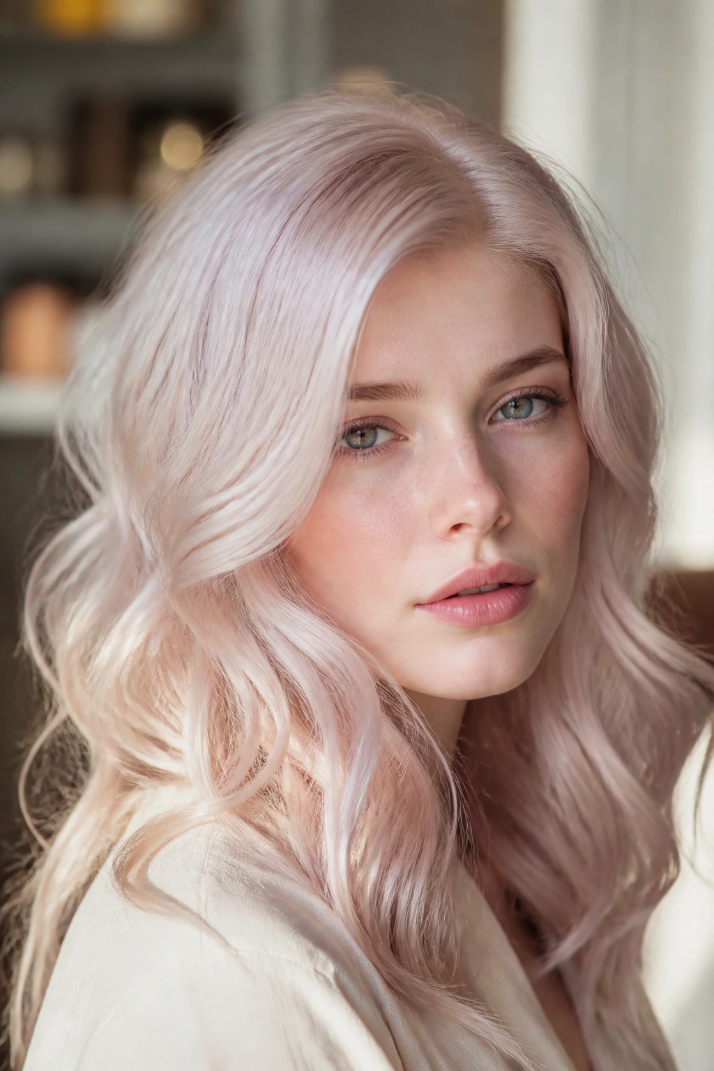 Portrait of a woman with champagne platinum hair and rosy warmth under soft window light.