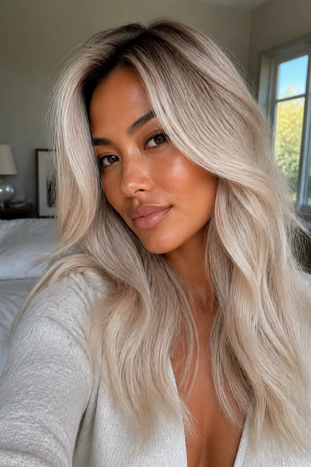 Close-up portrait of a woman with tan skin and soft champagne platinum hair with a subtle root shadow